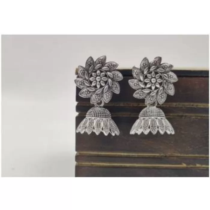 Oxidised Silver Floral Jhumka Jhumki For Women Brass Hoop Earring | Save 33% - Rajasthan Living 5