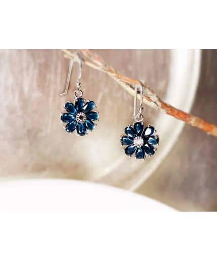 Sapphire daisy dangle earrings, blue sapphire flower earrings, September birthstone earring, gift for mom, gift for her | Save 33% - Rajasthan Living 7