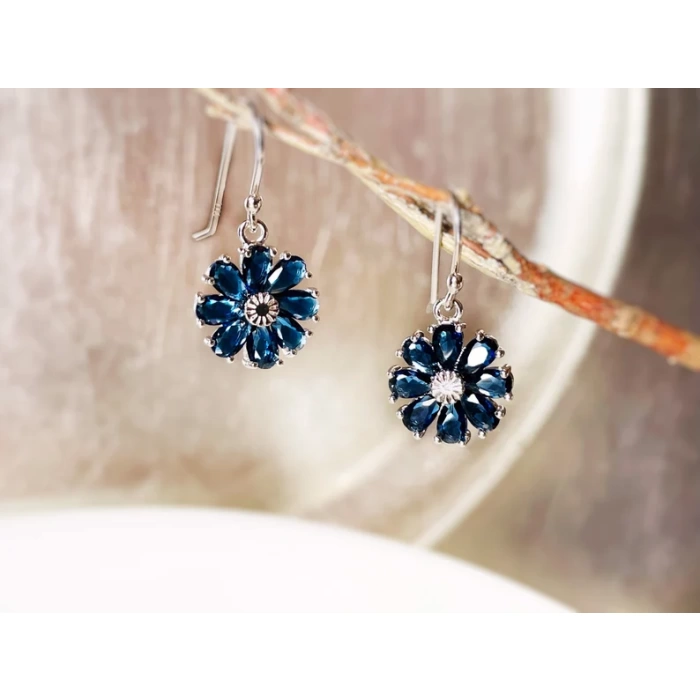 Sapphire daisy dangle earrings, blue sapphire flower earrings, September birthstone earring, gift for mom, gift for her | Save 33% - Rajasthan Living 6