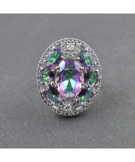 Natural 925 Sterling Silver Mystic Topaz,cz Oval Ring | Save 33% - Rajasthan Living