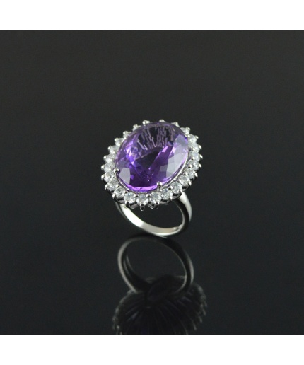 Natural 925 Sterling Silver Amethyst/Zircon Oval Ring | Save 33% - Rajasthan Living