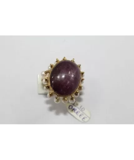 18Kt Yellow Gold Women’s Ring With Red Star Ruby Gemstone & Dangling Pearls Product | Save 33% - Rajasthan Living