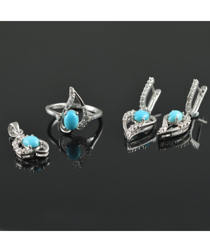 Natural Turquoise/Zircon 925 Sterling Silver Ring Set | Save 33% - Rajasthan Living