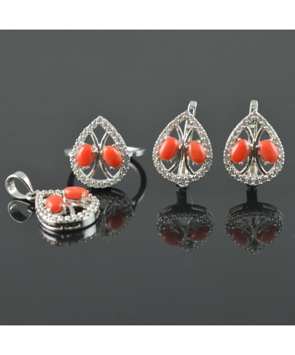 Natural Coral/Zircon 925 Sterling Silver Ring Set | Save 33% - Rajasthan Living