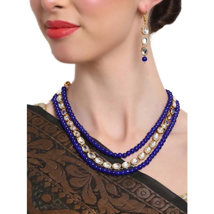 Stunning Kundan Long Necklace Earrings Pearls Blue Beads Designer Indian Jewelry Handmade Unique on Sale Bridal Wedding Fashion Pakistani | Save 33% - Rajasthan Living 6