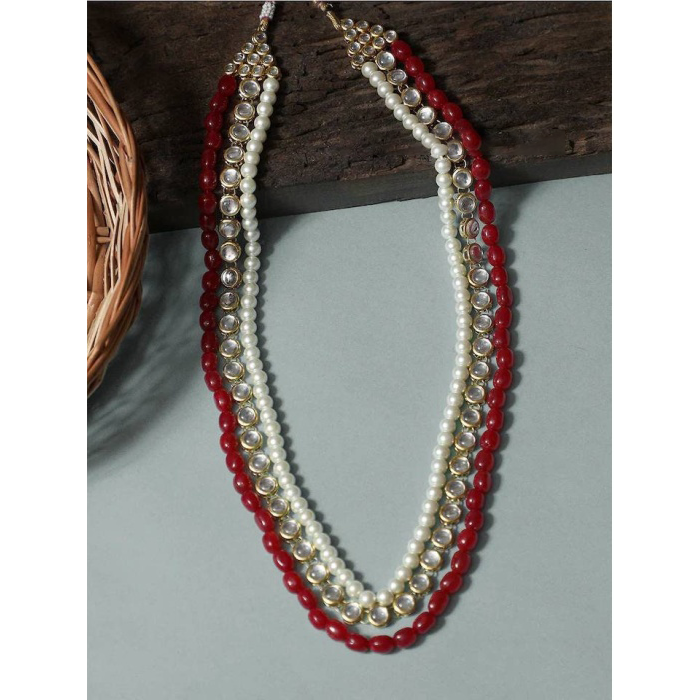 New Three Line White and Red Long Necklace, Indian Jewellery, Indian Necklace, Multi Stand Necklace, Long Necklace for Girls and Women | Save 33% - Rajasthan Living 5