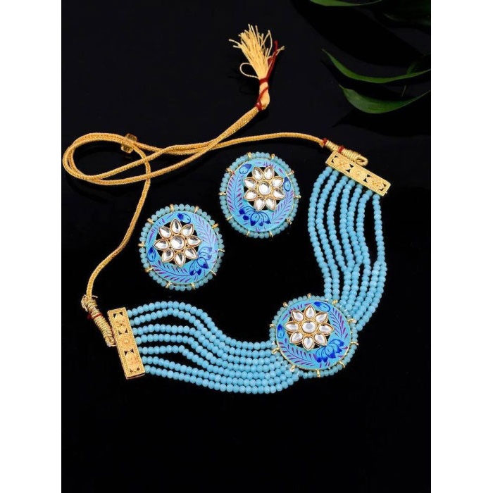 Multi Strand Handmade Necklace,indian Kundan Jewelry,wedding Jewelry,indian Long Necklace,sky Blue Beads Kundan Necklace Set With Earrings | Save 33% - Rajasthan Living 5