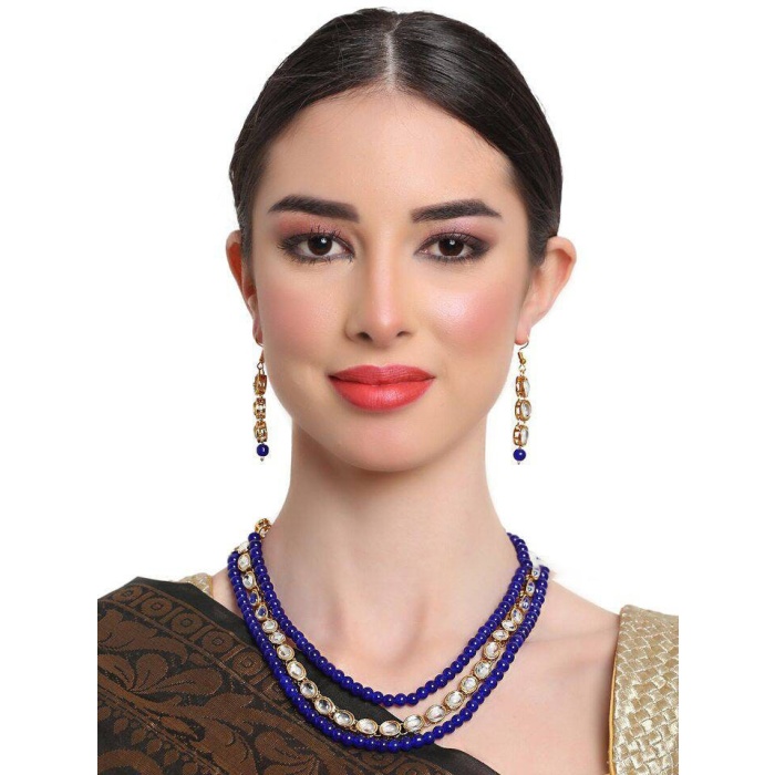 Stunning Kundan Long Necklace Earrings Pearls Blue Beads Designer Indian Jewelry Handmade Unique on Sale Bridal Wedding Fashion Pakistani | Save 33% - Rajasthan Living 8