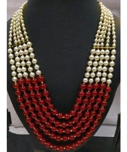 Vintage Pearl Beads Necklace With Rad Moti Mala Strand 5 Line India | Save 33% - Rajasthan Living