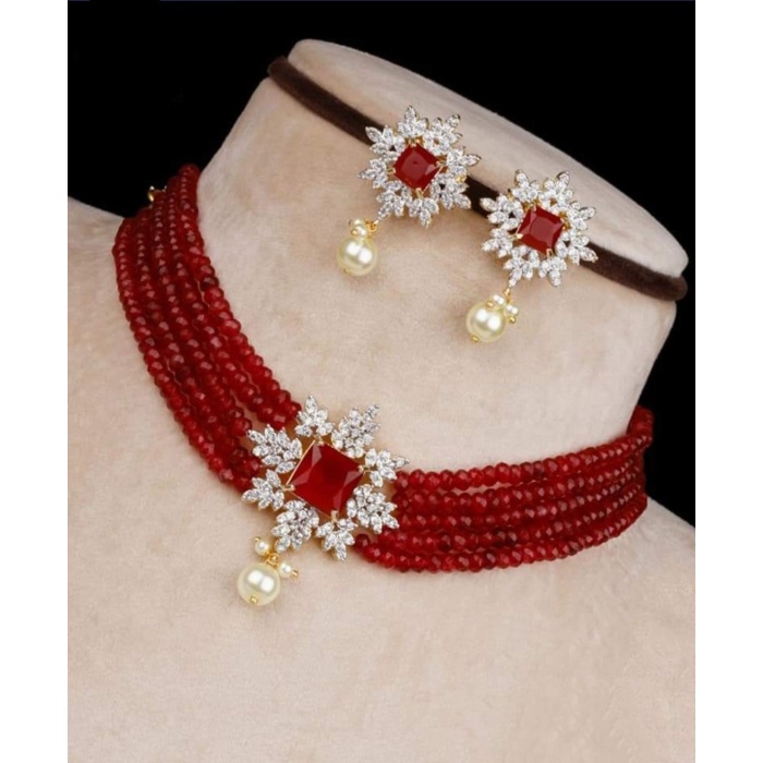 Beautiful CZ Necklace Earrings Onyx Beads Jewelry, Handmade Necklace, Bridal Choker Necklace With American Diamond Stone. | Save 33% - Rajasthan Living 5