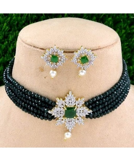 Beautiful CZ Necklace Earrings Onyx Beads Jewelry, Handmade Necklace, Bridal Choker Necklace With American Diamond Stone. | Save 33% - Rajasthan Living 3