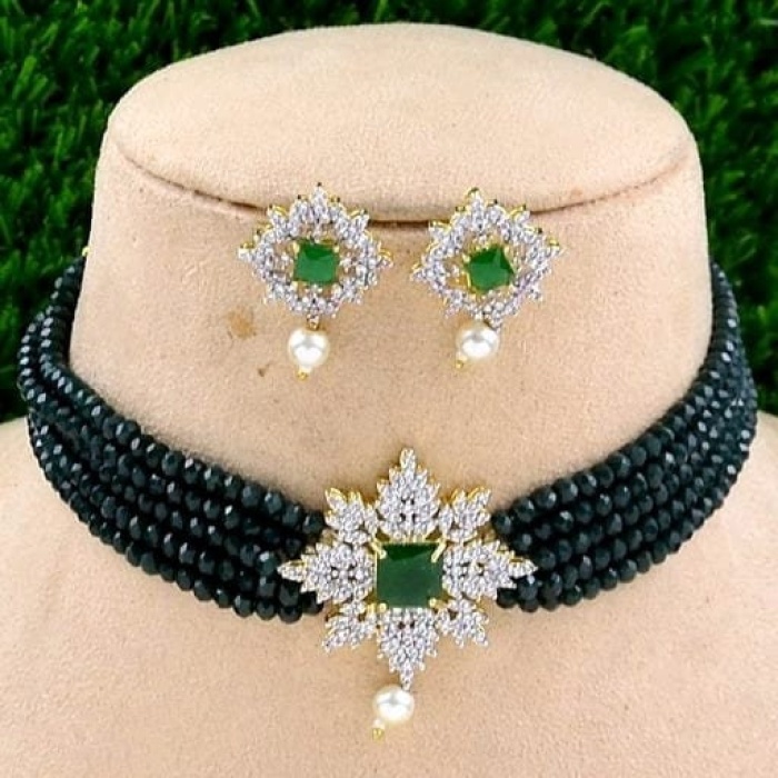 Beautiful CZ Necklace Earrings Onyx Beads Jewelry, Handmade Necklace, Bridal Choker Necklace With American Diamond Stone. | Save 33% - Rajasthan Living 6