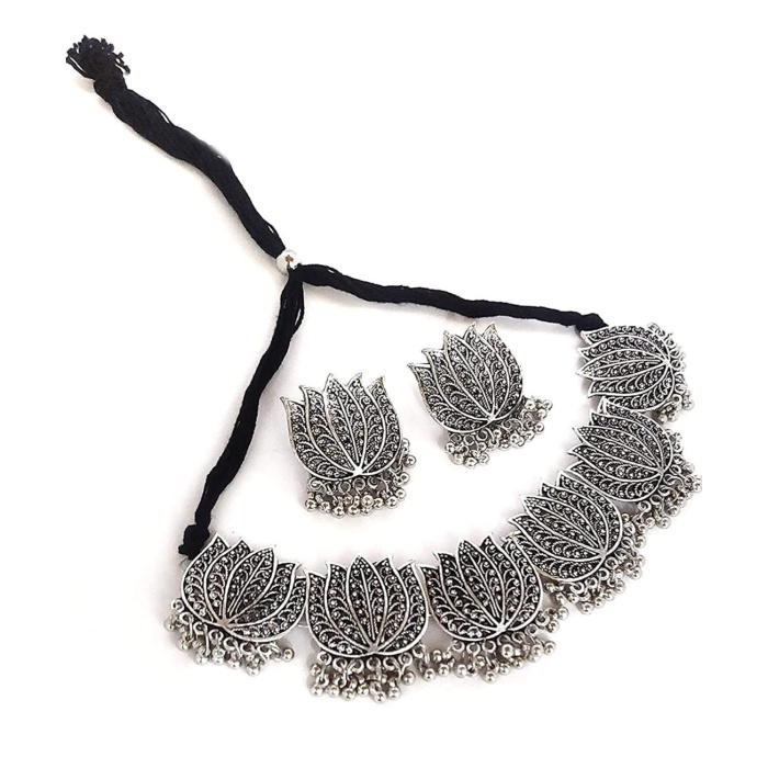 Lotus Necklace With Two Lotus Earrings Set German Silver  Oxidized Choker Necklace, Handmade Choker Necklace, Oxidized Choker | Save 33% - Rajasthan Living 10