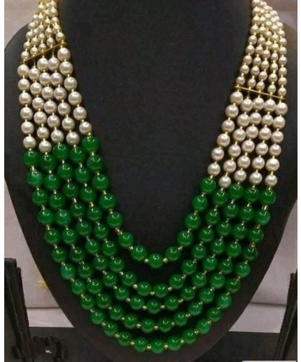 Vintage Pearl Beads Necklace With Green Moti Mala Strand 5 Line India | Save 33% - Rajasthan Living