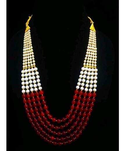 Vintage Pearl Beads Necklace With Rad Moti Mala Strand 5 Line India | Save 33% - Rajasthan Living 3