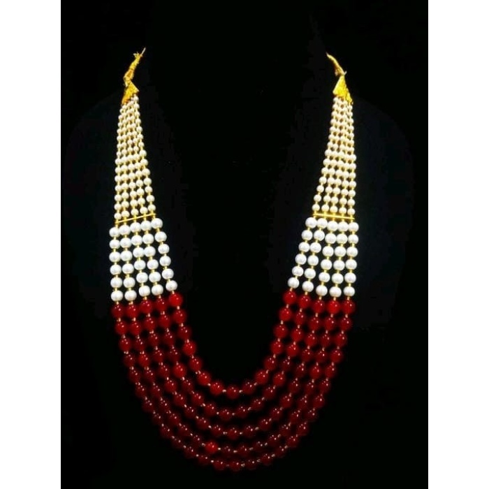 Vintage Pearl Beads Necklace With Rad Moti Mala Strand 5 Line India | Save 33% - Rajasthan Living 6