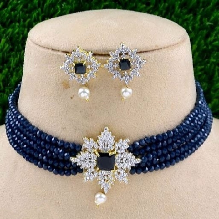 Beautiful CZ Necklace Earrings Onyx Beads Jewelry, Handmade Necklace, Bridal Choker Necklace With American Diamond Stone. | Save 33% - Rajasthan Living 5