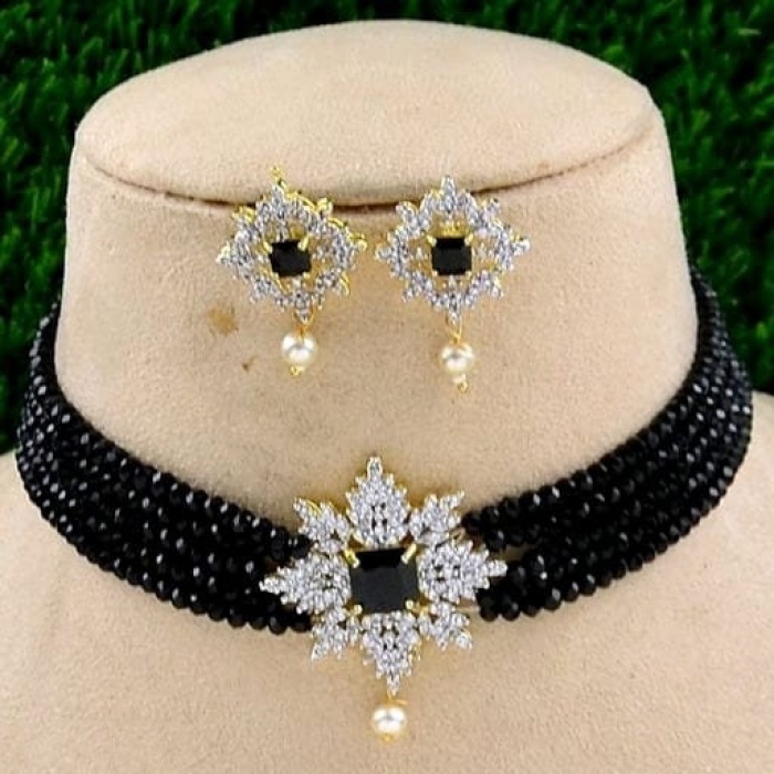 Beautiful CZ Necklace Earrings Onyx Beads Jewelry, Handmade Necklace, Bridal Choker Necklace With American Diamond Stone. | Save 33% - Rajasthan Living 8