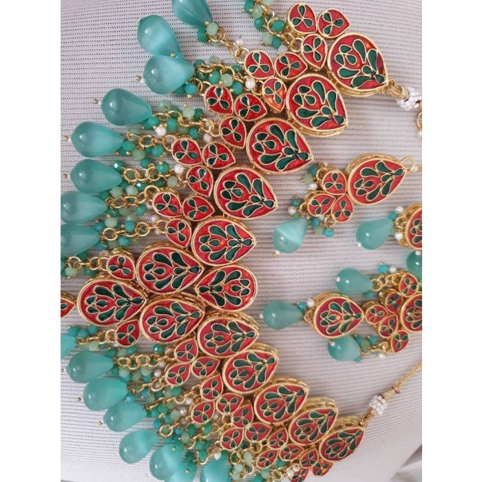 Kundan Polki Mani Meena Necklace Choker Earrings Teeka Tikka Headpiece Meenakari Hand Painted Enamelled Pastel Green Mint Indian Jewelry Uk | Save 33% - Rajasthan Living 7