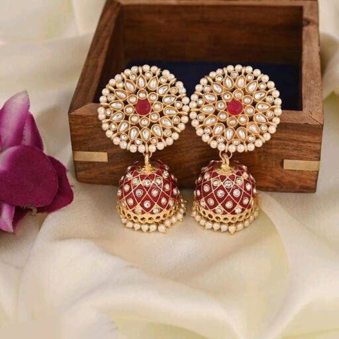 Gold Plated Handcrafted Kundan Studded Dome Shaped Jhumkas for Girls and Women Wedding Jewelry Indian Earrings Gift Packaging Earrings | Save 33% - Rajasthan Living 5