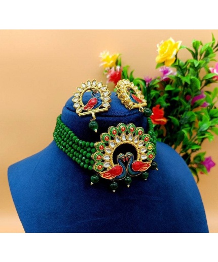 Green Beaded Cuff Necklace – Fine Kundan Indian Choker – Indian Wedding Bridal Necklace – High Quality Necklace – Meenakari Peacock Necklace | Save 33% - Rajasthan Living 3