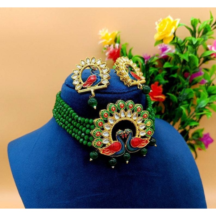 Green Beaded Cuff Necklace – Fine Kundan Indian Choker – Indian Wedding Bridal Necklace – High Quality Necklace – Meenakari Peacock Necklace | Save 33% - Rajasthan Living 6