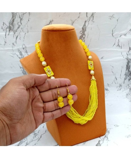 Yellow Beaded Necklace – Adjustable Long Necklace Set W/ Earrings – Rajwada Jewelry – Gemstone Neck Piece – Multi Layer Kundan Necklace | Save 33% - Rajasthan Living 3