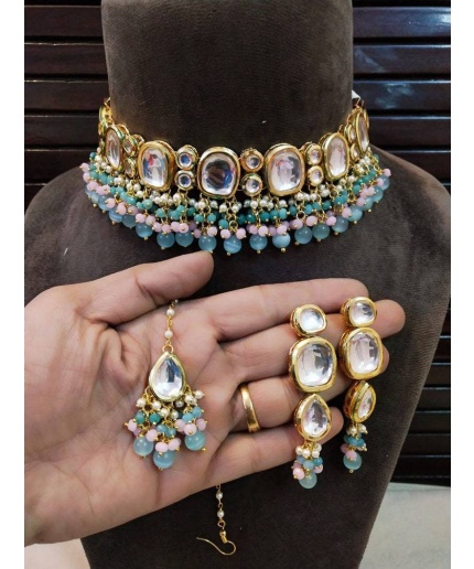 Royal Kundan Choker Set, Pastel Kundan Choker, Green Kundan Choker, Blue Kundan Choker, Orange Kundan Choker, Simple Kundan Jewelry, Diwali | Save 33% - Rajasthan Living