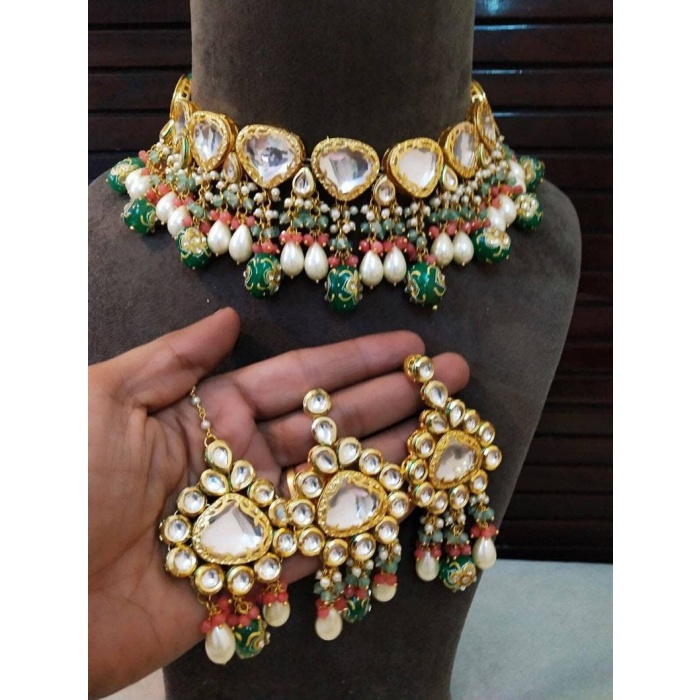 Beautiful Jadau Kundan Wedding Choker Necklace Set , Minakari- Kundan Necklace/ Jewelry With Drop Earrings Mangtika Necklace, Indian Choker | Save 33% - Rajasthan Living 7