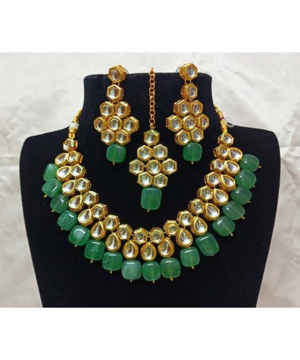 Kundan Necklace Earrings With Maang Tikka Set Indian Necklace Jewelry Green Beads Choker Set With Meenakari Bridal Wedding Pakistani Jewelry | Save 33% - Rajasthan Living