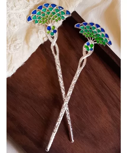 Peacock Feather Colour Hair Stick Oxidised Silver German Silver Silver Plated Multi Colour Hair Stick Silver Colour Hair Stick Rambo Stick | Save 33% - Rajasthan Living 5