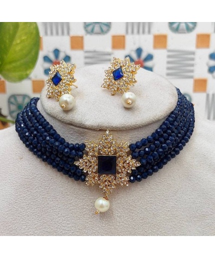 Beautiful Designer Blue Beads Kundan Necklace Set With Earrings, Indian Choker Blue Choker, Indin Necklace, American Diamond Necklace Set | Save 33% - Rajasthan Living