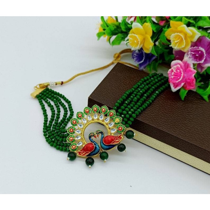 Green Beaded Cuff Necklace – Fine Kundan Indian Choker – Indian Wedding Bridal Necklace – High Quality Necklace – Meenakari Peacock Necklace | Save 33% - Rajasthan Living 8