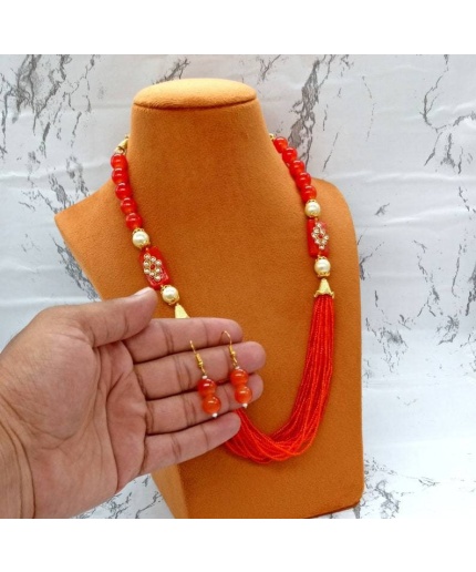 Red Beaded Necklace – Adjustable Long Necklace Set W/ Earrings – Rajwada Jewelry – Gemstone Neck Piece – Multi Layer Kundan Necklace Indians | Save 33% - Rajasthan Living