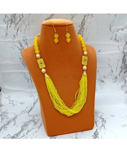 Yellow Beaded Necklace – Adjustable Long Necklace Set W/ Earrings – Rajwada Jewelry – Gemstone Neck Piece – Multi Layer Kundan Necklace | Save 33% - Rajasthan Living