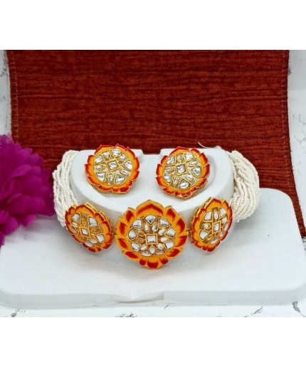 Fine Kundan Choker – Hand Painted Cuff Necklace – White Beaded Necklace – Bridesmaid Necklace – Gift for Her -meenakari Flower Cuff Necklace | Save 33% - Rajasthan Living 3