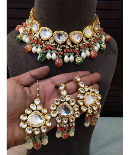 Beautiful Jadau Kundan Wedding Choker Necklace Set , Minakari- Kundan Necklace/ Jewelry With Drop Earrings Mangtika Necklace, Indian Choker | Save 33% - Rajasthan Living 3