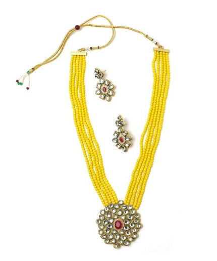 New Multi Strand Handmade Necklace,Indian Kundan Jewelry,Wedding Jewelry,Indian Long Necklace,Yellow Beads Kundan Necklace Set With Earrings | Save 33% - Rajasthan Living