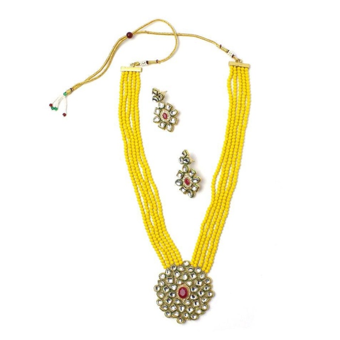 New Multi Strand Handmade Necklace,Indian Kundan Jewelry,Wedding Jewelry,Indian Long Necklace,Yellow Beads Kundan Necklace Set With Earrings | Save 33% - Rajasthan Living 5