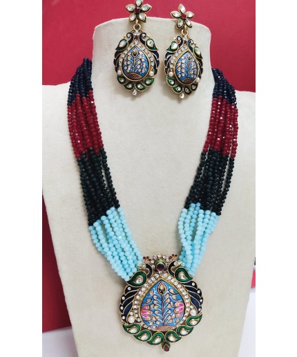 Multi Strand Handmade Necklace,Indian Kundan Jewelry,Wedding Jewelry,Indian Long Necklace,Navy Multi Beads Kundan Necklace Set With Earrings | Save 33% - Rajasthan Living