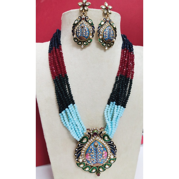 Multi Strand Handmade Necklace,Indian Kundan Jewelry,Wedding Jewelry,Indian Long Necklace,Navy Multi Beads Kundan Necklace Set With Earrings | Save 33% - Rajasthan Living 5