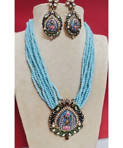 Multi Strand Handmade Necklace,Indian Kundan Jewelry,Wedding Jewelry,Indian Long Necklace,Sky Blue Beads Kundan Necklace Set With Earrings | Save 33% - Rajasthan Living