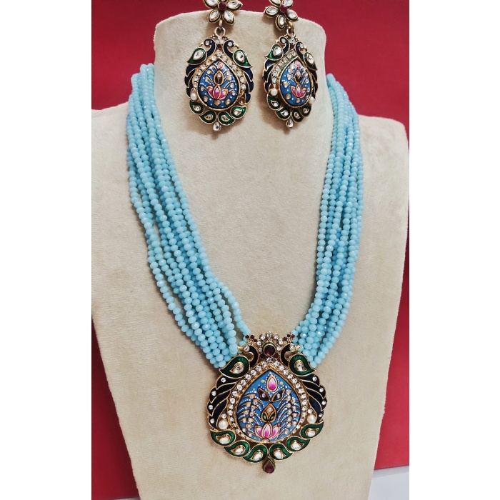 Multi Strand Handmade Necklace,Indian Kundan Jewelry,Wedding Jewelry,Indian Long Necklace,Sky Blue Beads Kundan Necklace Set With Earrings | Save 33% - Rajasthan Living 5