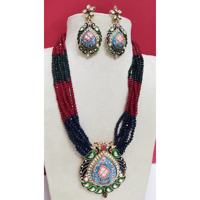 Multi Strand Handmade Necklace,Indian Kundan Jewelry,Wedding Jewelry,Indian Long Necklace, Multi Beads Kundan Necklace Set With Earrings | Save 33% - Rajasthan Living 7