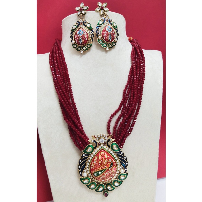 Multi Strand Handmade Necklace,Indian Kundan Jewelry,Wedding Jewelry,Indian Long Necklace, Maroon Beads Kundan Necklace Set With Earrings | Save 33% - Rajasthan Living 10