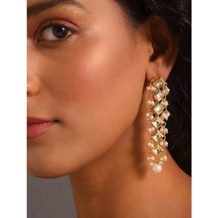 Gold Plated Kundan Long Earrings, Traditional Tear Drop Cluster for a Simple, Elegant Look at an Indian Wedding or Bollywood Themed Parties. | Save 33% - Rajasthan Living 5