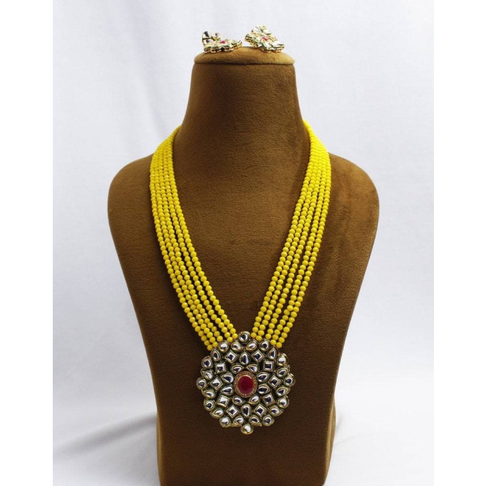 New Multi Strand Handmade Necklace,Indian Kundan Jewelry,Wedding Jewelry,Indian Long Necklace,Yellow Beads Kundan Necklace Set With Earrings | Save 33% - Rajasthan Living 6