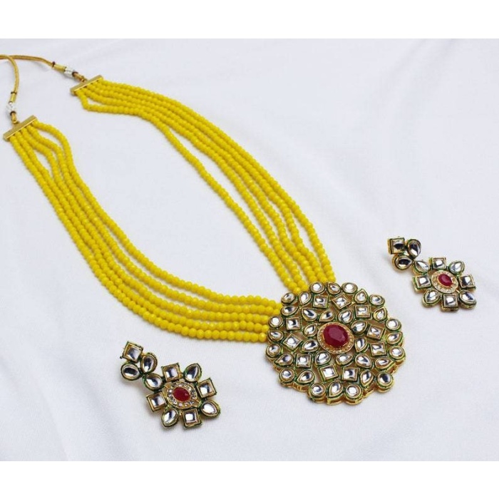 New Multi Strand Handmade Necklace,Indian Kundan Jewelry,Wedding Jewelry,Indian Long Necklace,Yellow Beads Kundan Necklace Set With Earrings | Save 33% - Rajasthan Living 7