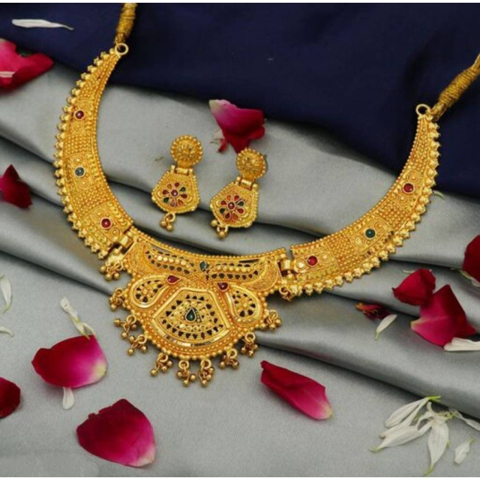 Gold Plated Choker Set  Girls and Women With Matching Earring, Glod Jewellery, for Wedding Wear,wedding Season Jewellery,tample Jewellery | Save 33% - Rajasthan Living 7