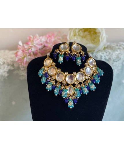 Tanjore Kundan Choker Set Ingot Pink and Nude Blue With Earrings/blue Kundan Bridal Choker Set/ New Year Sale, Handmade Jewellery New Kundan | Save 33% - Rajasthan Living 3